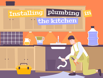 Plumbing installation composition flat illustration interior kitchen plumbing vector
