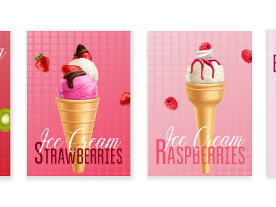 Ice cream advertising posters berries ice cream illustration realistic scoops vector waffle