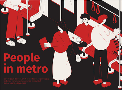 People in metro poster illustration isometric metro passengers sitting standing vector