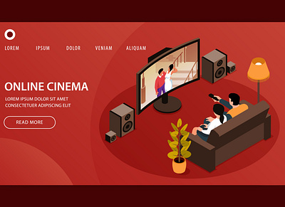 Online cinema website design cinema home illustration isometric online vector