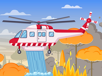 Firefighters composition burning cartoon firefighters forest helicopter illustration vector