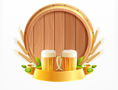 Wooden barrel beer composition barrel beer illustration realistic vector wheat