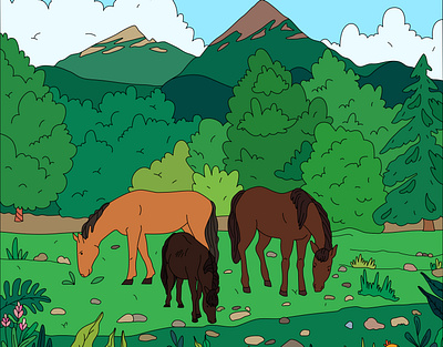 Rural landscape background flat horses illustration landscape mountains vector