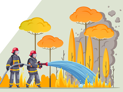 Firefighters in the forest banner cartoon firefighters firemen forest illustration vector