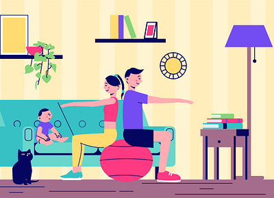Home yoga fitness illustration baby family fitness flat illustration parents vector