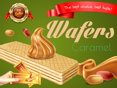 Wafer caramel advertisement caramel illustration nuts realistic vector wafers