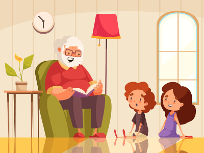 Grandpa reading a book cartoon flat grandchildren grandpa illustration reading vector