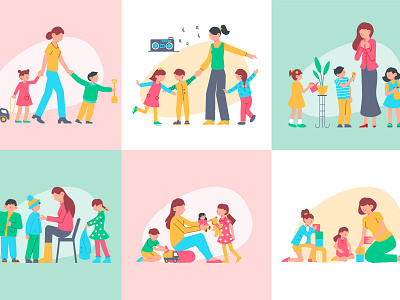 Kindergarten design concept characters flat illustration kids kindergarten teacher vector