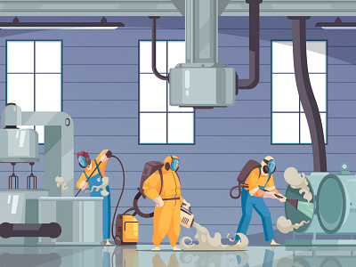 Cleaning industrial composition cartoon cleaning flat illustration industrial vector