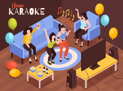 Home karaoke composition balloons illustration isometric karaoke music party vector