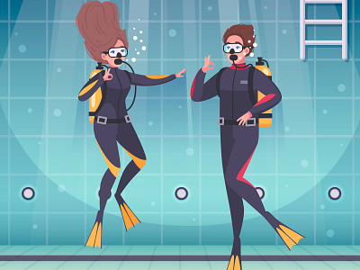 Diving snorkeling composition cartoon divers equipment illustration pool under water vector