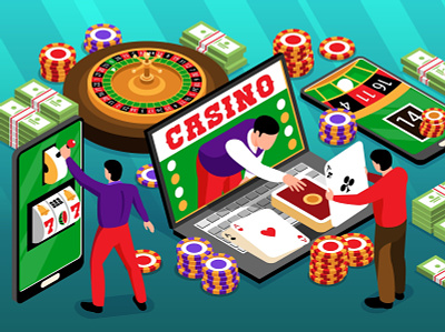 Online casino illustration banknotes casino chips illustration isometric roulette vector