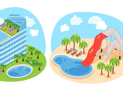 Hotel water park design concept cartoon hotel illustration isometric landscape vector water park