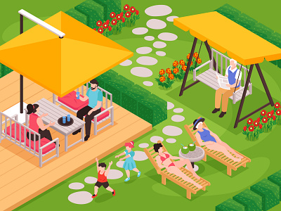 Garden furniture composition garden good time illustration isometric people scenery vector
