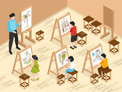 Children art school composition art school children illustration isometric pupils teacher vector