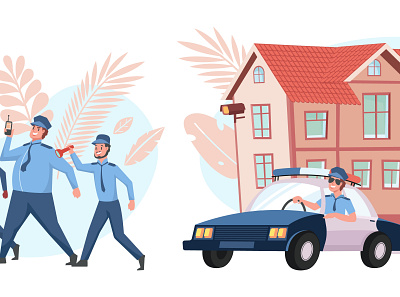 House security compositions flat house illustration officers police security surveillance system vector