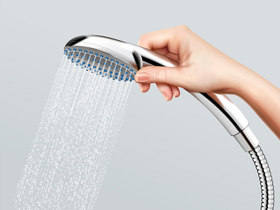 Shower head with falling water falling water human hand illustration realistic shower head vector