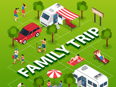 Family trip flowchart activities camper van family trip illustration isometric leisure vector