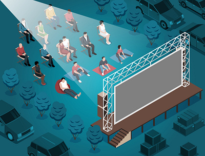 Open air cinema composition cinema illustration isometric movie theater open air people vector