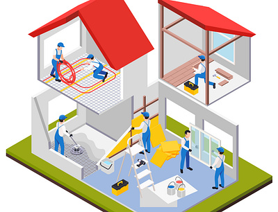 Renovation repair works composition house illustration isometric renovation repair rooms vector