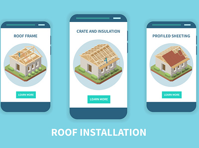 Roof installation company app construction illustration isometric roofer smartphone vector wooden frame