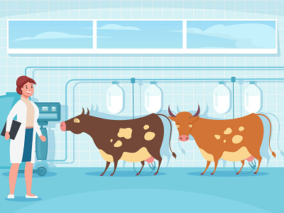 Mechanized milking cows composition animals female flat illustration machinery mechanized vector