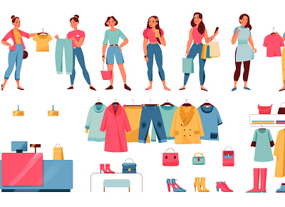 Women in clothing store set clothing dressing rooms flat illustration store vector women