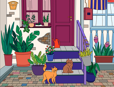 Printable coloring page with cats cartoon cats coloring flat house illustration plants vector