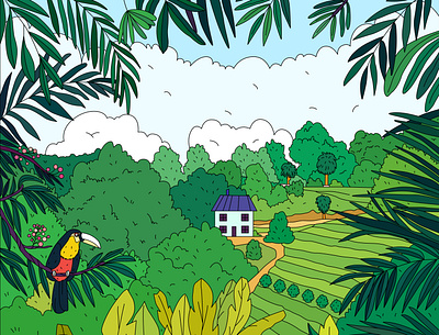 Printable coloring landscape page cartoon coloring flat house illustration landscape toucan tropical plants vector
