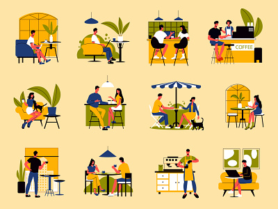 People drinking coffee at cafe set cafe drinking flat friends illustration people vector working