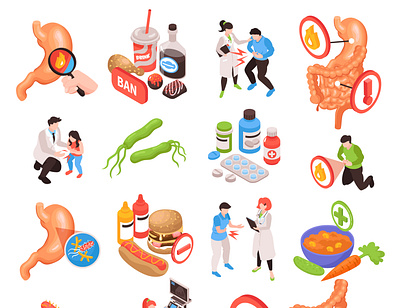 Gastroenterology icons set doctors gastroenterology illustration isometric organs patients vector
