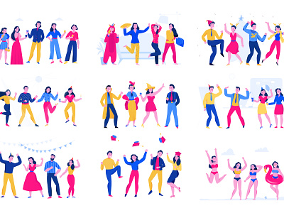 Evening party set costumes dancing flat illustration party people vector