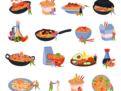 Wok box icons flat food frying illustration noodles plates vector wok