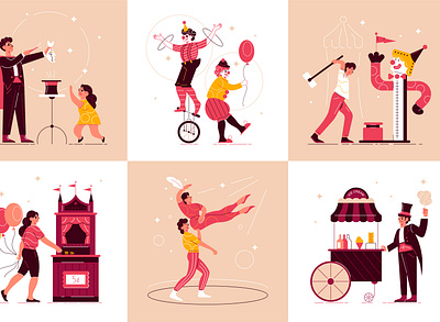 Circus funfair design concept characters circus flat funfair illustration performers vector visitors