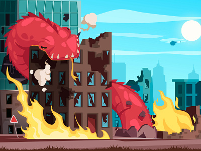 Giant worm destroying building attacking building cartoon damage illustration monster vector worm