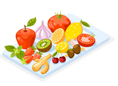 Strengthening immunity composition cartoon fruits illustration immunity isometric strengthening vector vegetables