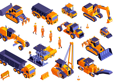 Road construction set bulldozers construction illustration isometric machinery road trucks vector workers