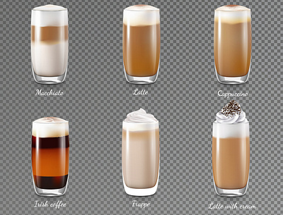 Coffee drinks set cappuccino coffee drinks frappe illustration latte realistic vector