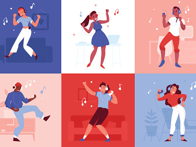 Dancing people compositions dancing flat headphones illustration people smartphones vector