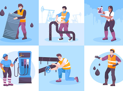 Oil industry compositions set flat fuel illustration oil industry people petrol pipeline vector