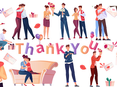 International thank you day set embracing flat illustration international kissing people presenting thank you day vector