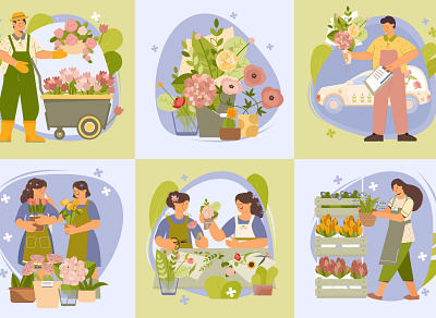 Floristic compositions set bouquet delivery farm production flat floristics flower illustration vector