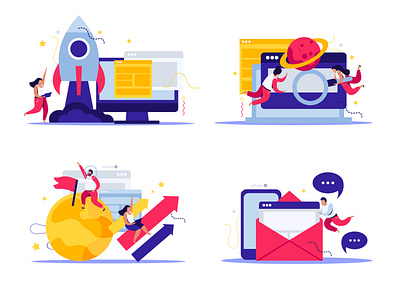 Startup composition flat illustration people planets rocket startup vector