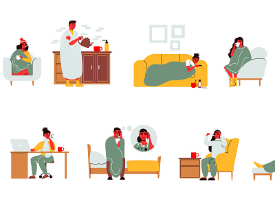 Flu icons set flat flu illustration medicine people sick symptoms vector