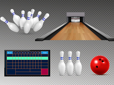 Bowling icons set bowling illustration pins rating table realistic rolling ball vector
