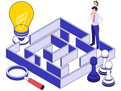 Business strategy illustration business chess pieces illustration isometric light bulb magnifying glass startup strategy vector