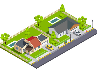 Suburban city buildings composition buildings cars city illustration isometric private suburban vector