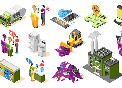 Electronic garbage icons bins disposal fields electronic garbage illustration isometric vector waste