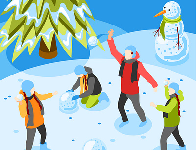 Winter fun background family illustration isometric playing snowman vector winter