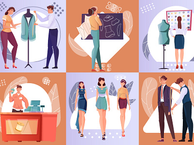 Tailoring compositions set clothes cutting flat illustration modeling professional tailoring vector